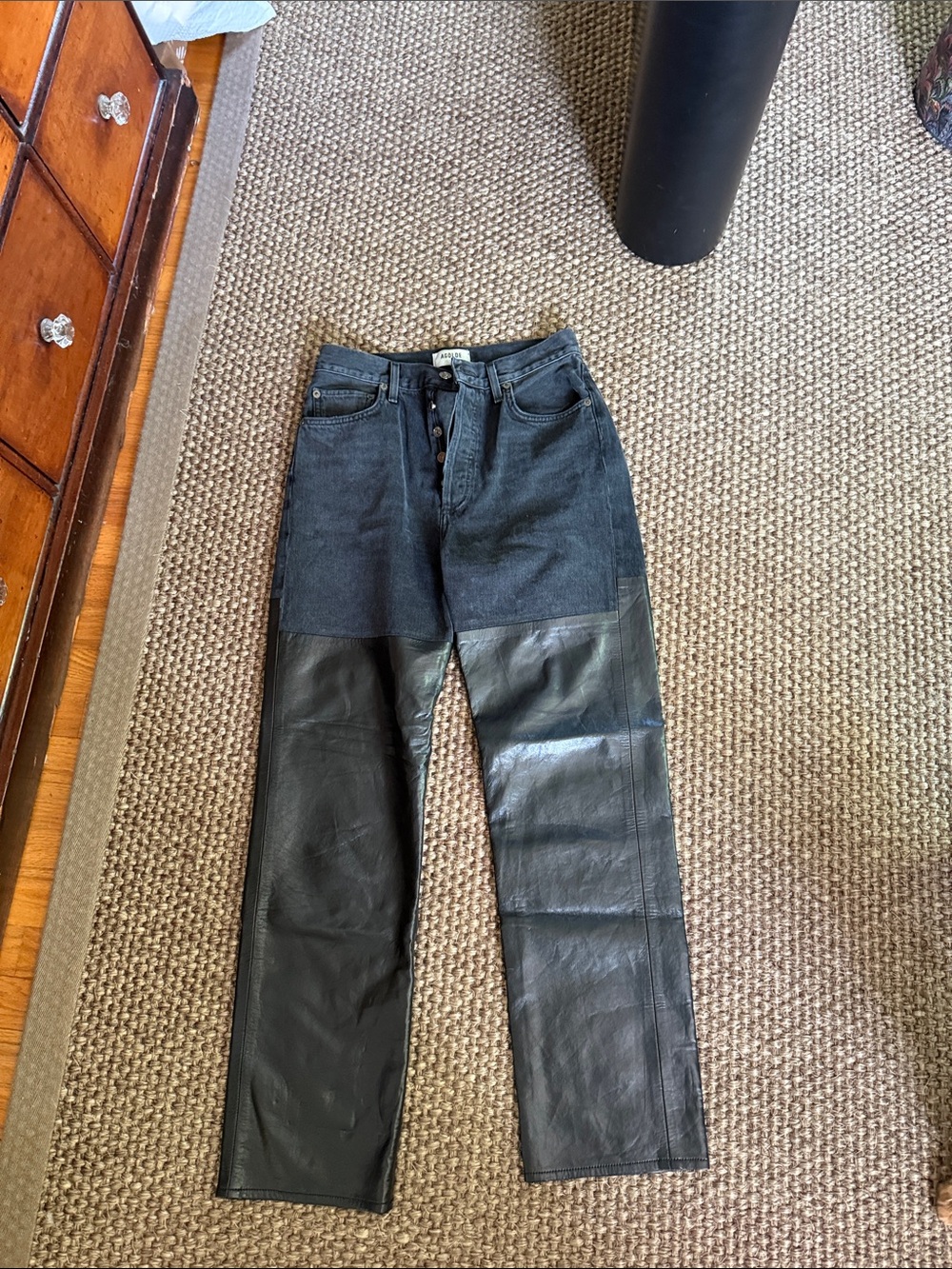 Agolde Black Two-Tone Denim and Leather Straight Jeans
